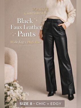 Maeve Anthropologie Black Faux Leather Wide Leg Pants High Rise Size 8
